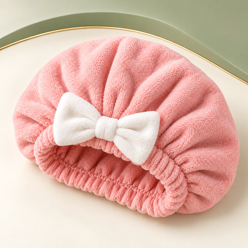 Touca-toalha de microfibra rosa com laço branco Bella Dry